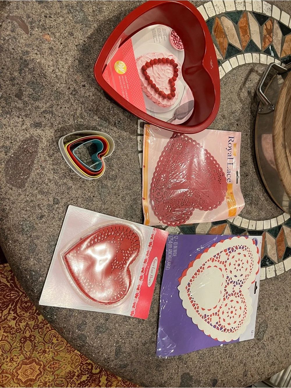 New Heart Shaped Wilton Cake Pan / Paper Lace Doilies, Cookie Cutters
